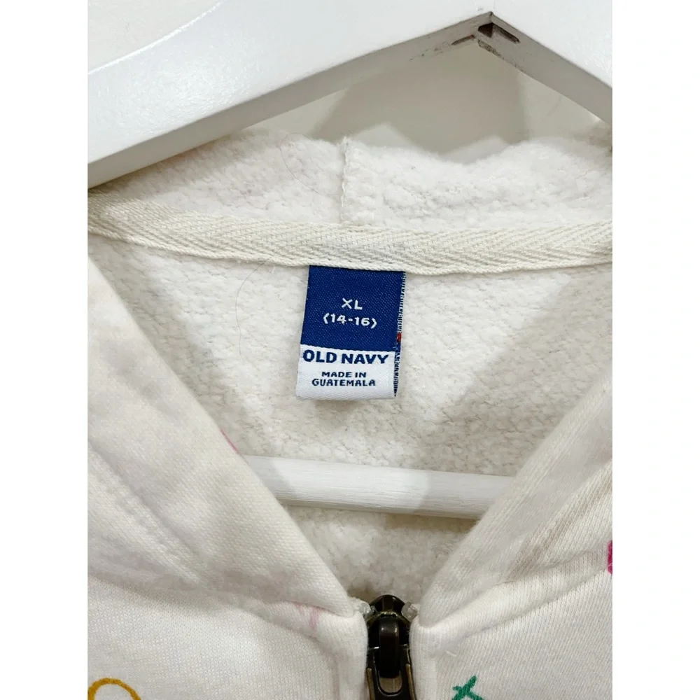 Old Navy Girls Heart Print Fleece Lined Zip Hoodie Jacket XL 14-16 White